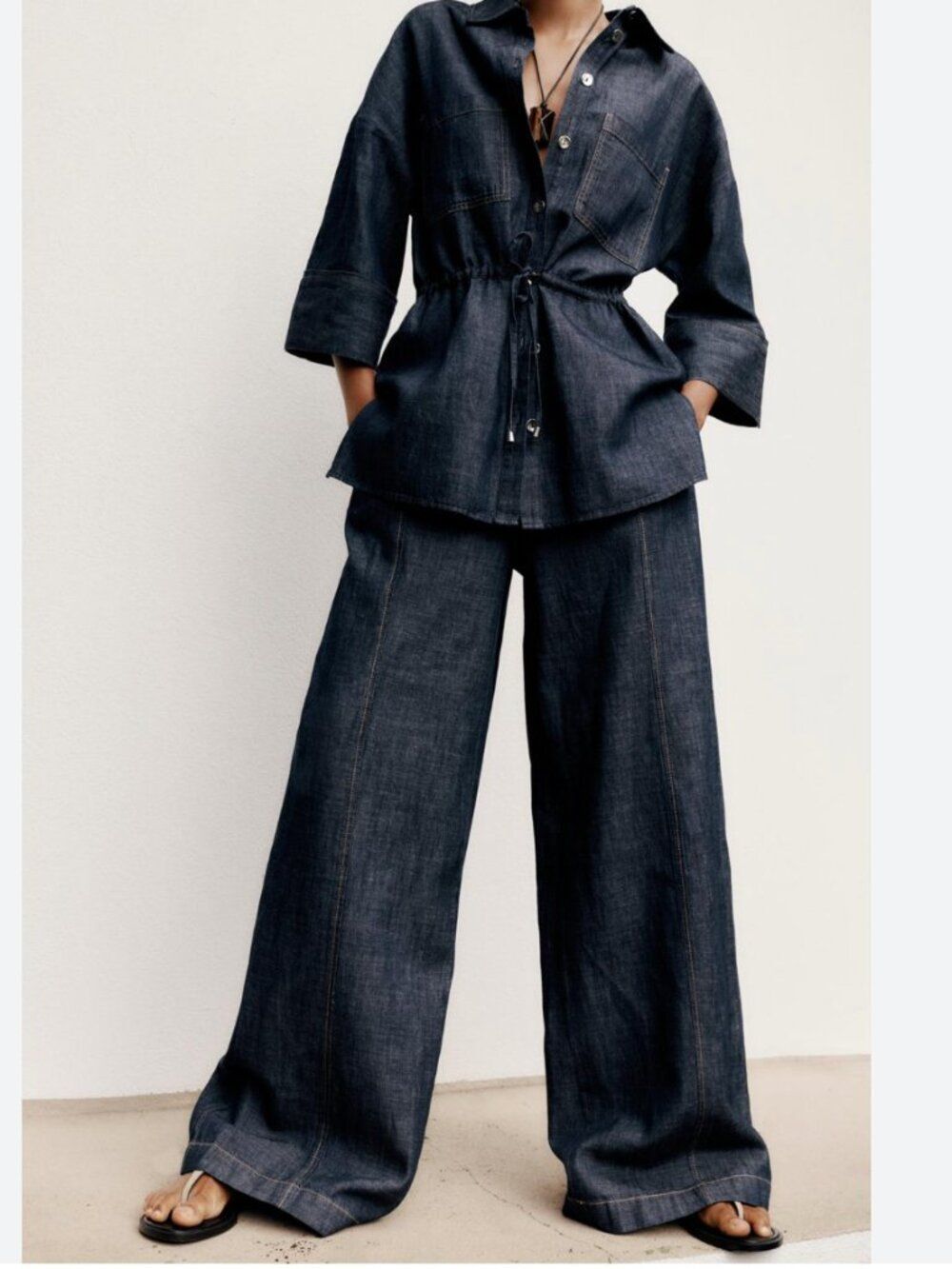 Zara Womens Jeans Linen trousers XS Dark Blue Wide Leg High Waisted 7983/454 NWT